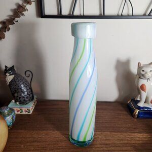 Hand-Blown Glass Vase With Green & Blue Swirls 12" Tall Vintage Decorative Piece